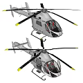 Two Modern Helicopters White Body Black Rotors Yellow Tips Transparent Cockpit Side View Design