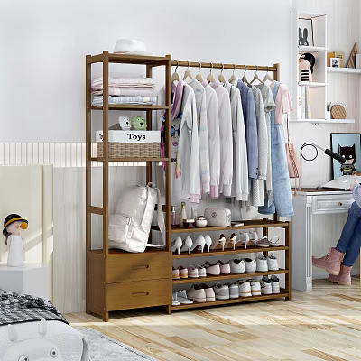 Wooden Clothing Rack With Organized Clothes And Storage In Bedroom 3d model