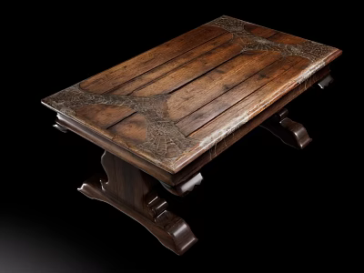 Vintage Dark Wood Table And Chair Set With Carved Legs And Planked Top 3d model