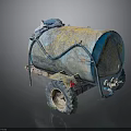 Old Rusty Blue Yellow Fuel Tank Trailer With Wheel Pipes And Frame