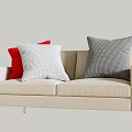 Modern Beige Two-Seater Sofa with Red White and Grey Textured Cushions and Metal Legs