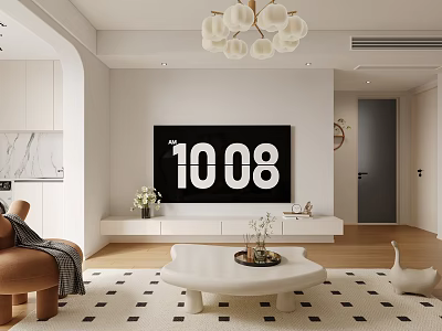 Modern Living Room Interior With Large TV Chandelier Beige Sofa Coffee Table And Geometric Rug 3d model