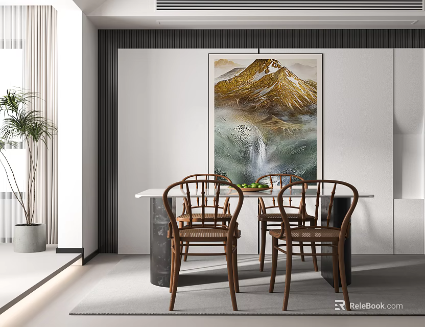 Modern Dining Table Set With Round Table Wooden Chairs Large Artwork And Potted Plant 3d model 