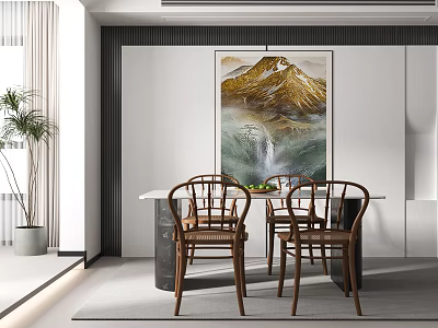 Modern Dining Table Set With Round Table Wooden Chairs Large Artwork And Potted Plant 3d model