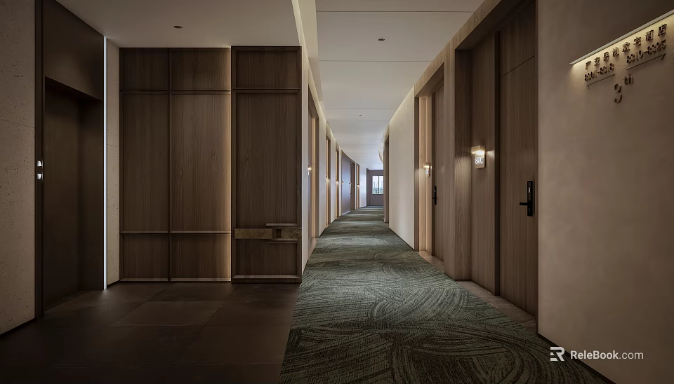 Hotel Corridor Interior With Wooden Walls Doors Green Patterned Carpet And Lighting 3d model 