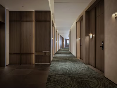 Hotel Corridor Interior With Wooden Walls Doors Green Patterned Carpet And Lighting 3d model
