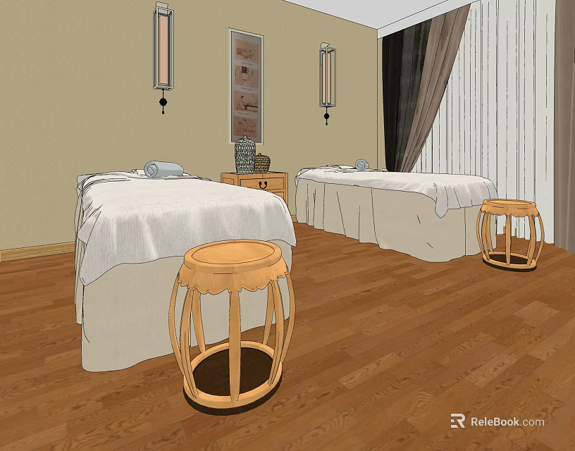 Relaxing Private Room With Two Beds White Sheets Wooden Stools Wall Lamps And Wooden Floor 3d model 