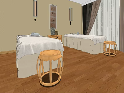 Relaxing Private Room With Two Beds White Sheets Wooden Stools Wall Lamps And Wooden Floor 3d model
