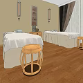 Relaxing Private Room With Two Beds White Sheets Wooden Stools Wall Lamps And Wooden Floor