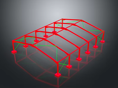 Building Frame Structure 3D Model With Red Support Pillars And Green Lines 3d model