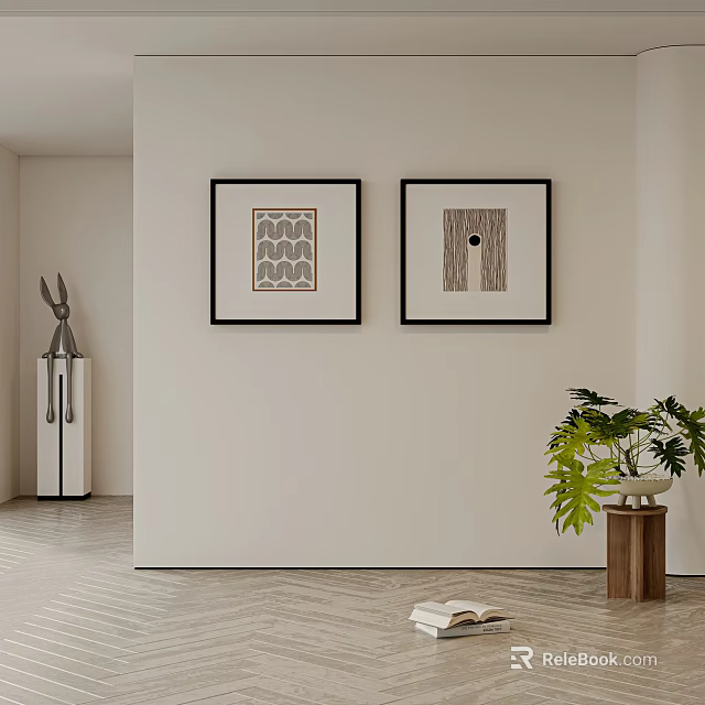 Two Abstract Paintings With Black Frames Geometric Patterns And Circular Design On White Wall 3d model