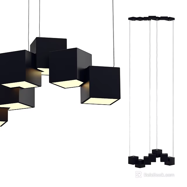 Stylish Modern Black Cube Shaped Hanging Pendant Lights With Illuminated Design 3d model