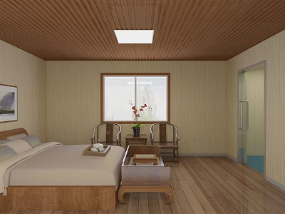 Hotel Room Interior Featuring Wooden Ceiling Bed Wooden Floor Window Chairs Table Vase And Flowers 3d model