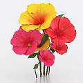 Colorful Yellow and Pink Hibiscus Flowers with Green Leaves and Stems Against White Background
