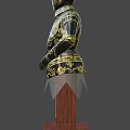 Ornate Knight Armor With Golden Black Decoration On Wooden Display Base