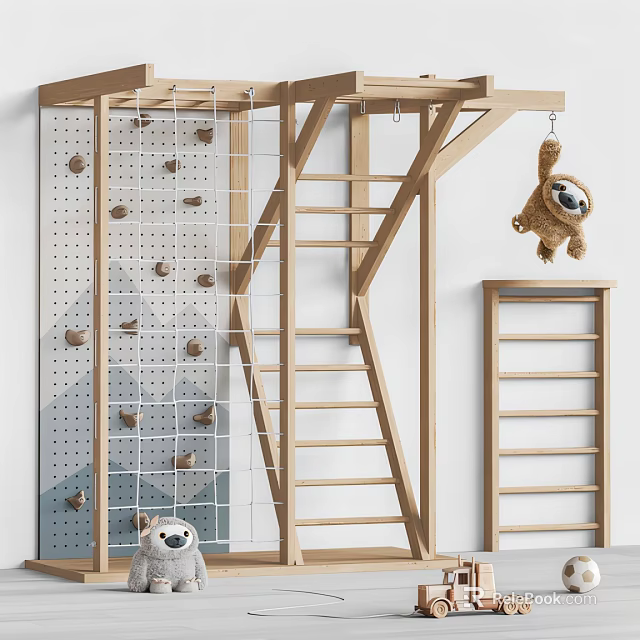 Indoor Wooden Playground Equipment With Climbing Wall Rope Net And Ladder 3d model 