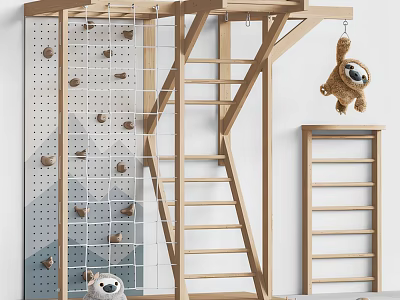 Indoor Wooden Playground Equipment With Climbing Wall Rope Net And Ladder 3d model