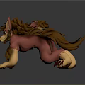 3D Rendered Fantasy Creature With Pink Body Brown Mane And Sharp Claws In Crouching Pose