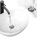 White Ceramic Bowl Shaped Bathroom Wash Basin With Modern Black Faucet And Flowing Water