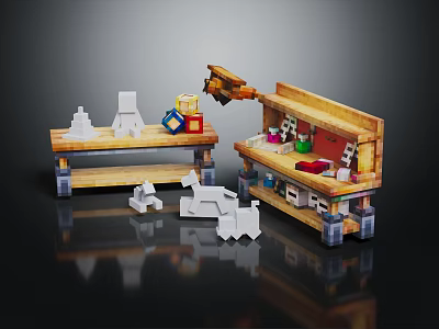 Wooden Workbench And Shelf Furniture Displaying Colorful Blocks Small Models Animal Figures 3d model