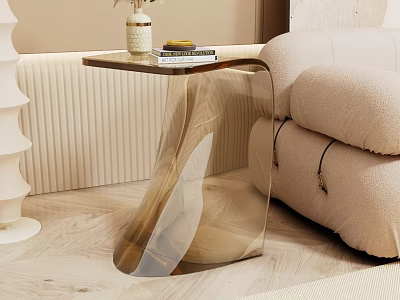 Transparent Curved Side Table With Metal Base Next To Beige Sofa And Light Wood Floor 3d model