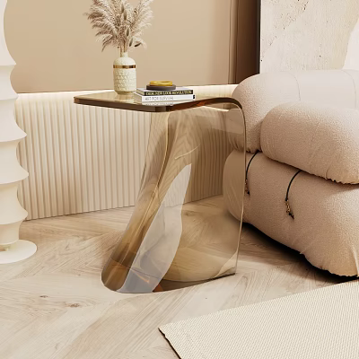 Transparent Curved Side Table With Metal Base Next To Beige Sofa And Light Wood Floor 3d model