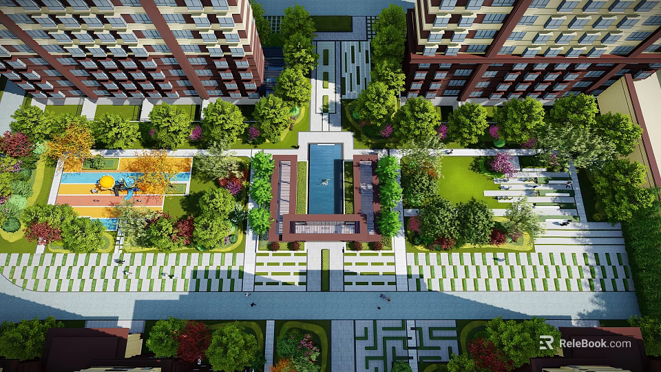 Residential Landscape With High Rise Buildings Central Water Feature Green Plants And Lawns 3d model 