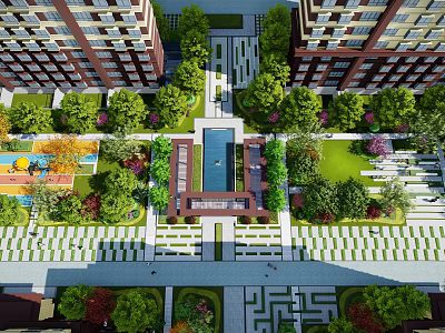 Residential Landscape With High Rise Buildings Central Water Feature Green Plants And Lawns 3d model