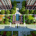 Residential Landscape With High Rise Buildings Central Water Feature Green Plants And Lawns
