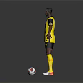 Man In Yellow And Black Football Jersey Standing With Outstretched Arms And Soccer Ball