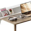 Modern Home Office Desk Setup With Laptop Coffee Cup Magazines Headphones And Comfortable Chair
