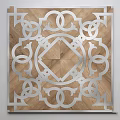 Symmetrical Wooden Parquet Floor With Intricate White Geometric Curl Patterns