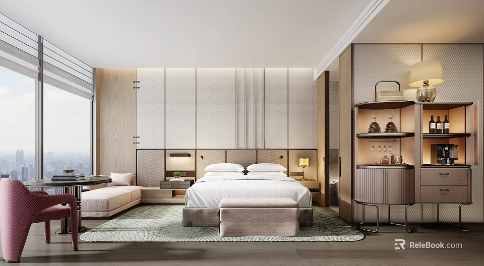 Elegant Modern Hotel Room Interior With King Bed Window View And Soft Carpet Seating 3d model 