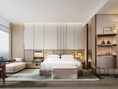 Elegant Modern Hotel Room Interior With King Bed Window View And Soft Carpet Seating 3d model