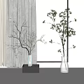 Elegant Interior With Beige Curtains White Wall Black Frame Transparent Vases And Slender Branch Plants