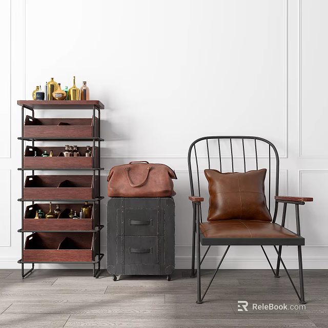 Leather Leisure Chair With Metal Frame Brown Cushion Near Vintage Cabinet And Decorative Shelf 3d model 