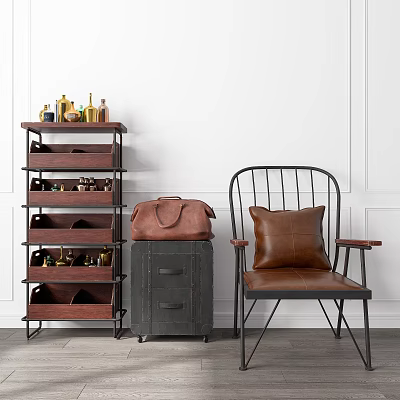 Leather Leisure Chair With Metal Frame Brown Cushion Near Vintage Cabinet And Decorative Shelf 3d model