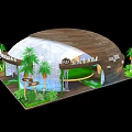Modern Exhibition Booth With Curved Wooden Top And White Transparent Structure Surrounded By Palm Trees