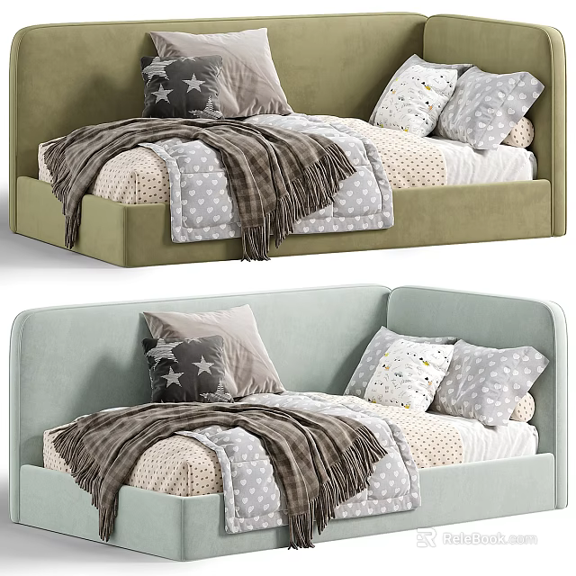 Cozy Kids Bed Featuring Pastel Frame Star Patterned Pillows Brown Blanket and Polka Dot Sheets 3d model 