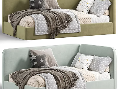 Cozy Kids Bed Featuring Pastel Frame Star Patterned Pillows Brown Blanket and Polka Dot Sheets 3d model