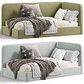 Cozy Kids Bed Featuring Pastel Frame Star Patterned Pillows Brown Blanket and Polka Dot Sheets