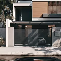 Modern Detached Villa Exterior With Wooden Elements And Black Car Parked Outside