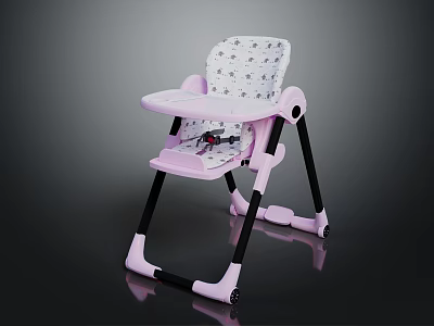Kids Pink And White High Chair With Patterned Backrest And Black Frame 3d model