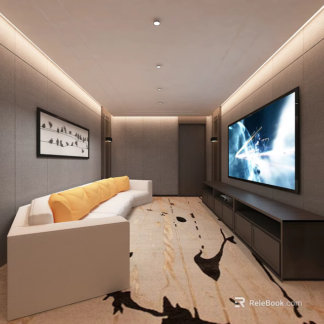 Home Theater With Large Screen TV White Sofa Yellow Cushions And Patterned Rug 3d model 