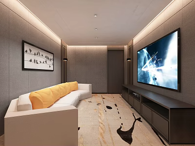 Home Theater With Large Screen TV White Sofa Yellow Cushions And Patterned Rug 3d model