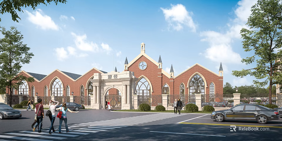 Traditional Red Brick Building Exterior Wall With Arched Windows And Clock Tower Design 3d model 