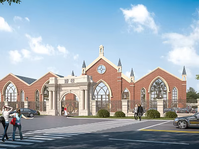 Traditional Red Brick Building Exterior Wall With Arched Windows And Clock Tower Design 3d model