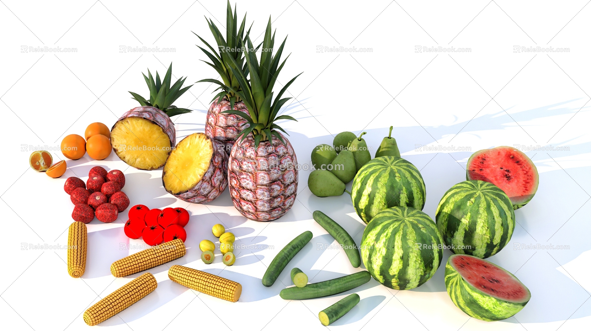 Vegetables Fruit Crops Corn Watermelon Pineapple Tomato Orange Cucumber 3d model