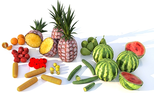 Vegetables Fruit Crops Corn Watermelon Pineapple Tomato Orange Cucumber 3d model