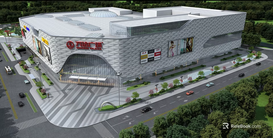 Modern Commercial Complex Exterior With Glass Facade Billboards And Surrounding Greenery 3d model 